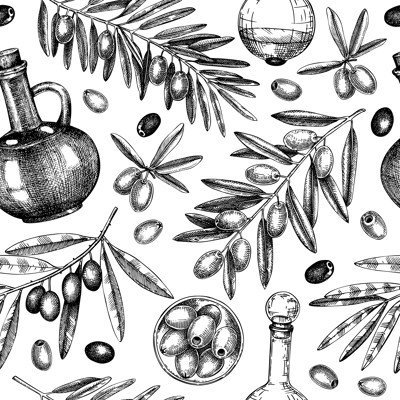 Olive oil seamless pattern. Olive tree branches background in retro style. Food design. Hand-drawn vector illustration. NOT AI generated.